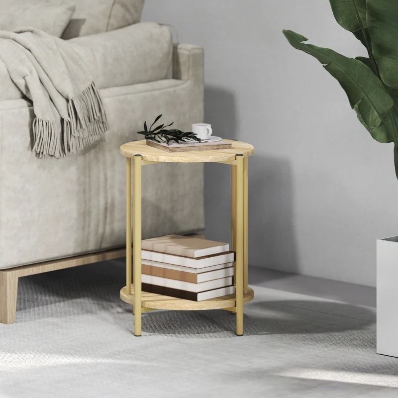 HOMCOM Mesa Auxiliar Redonda de 2 Niveles con Estante de Almacenaje y Marco de Acero para Salón Dormitorio Ø41x49 cm Natural