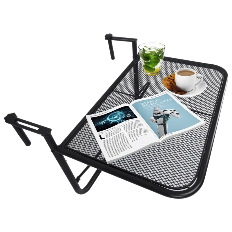 Outsunny Tavolo da Ringhiera con Ganci ad Altezza Regolabile su 3 Livelli, in Metallo, 60x56.5x45 cm, Nero
