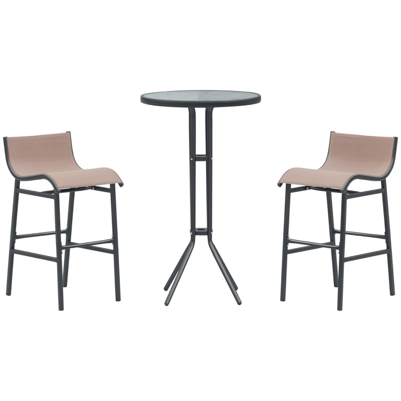 Outsunny Set da Bar/Ristorante 3 Pezzi: 2 Sgabelli (40.5x50x82cm) 1 Tavolo Vetro Temperato (Φ60x102cm), Nero e Marrone