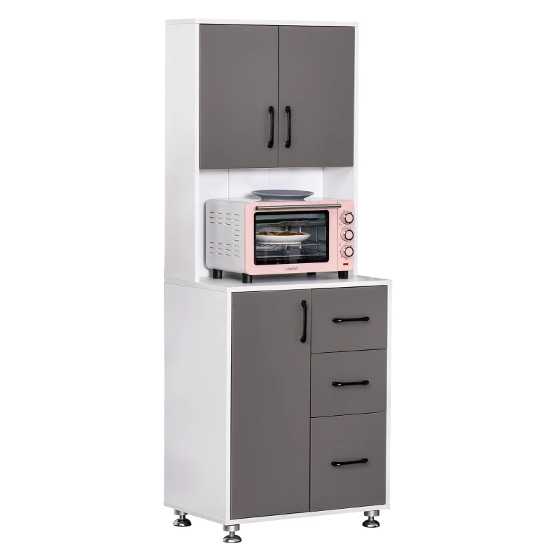 HOMCOM Küchenschrank Hochschrank mit 2 Türen Regal Mikrowellenregal Küchenbuffet mit unterem Aufbewahrungsschrank und 3 Schubladen Kommode Spanplatte Stahl Grau+Weiß 60 x 40 x 160 cm
