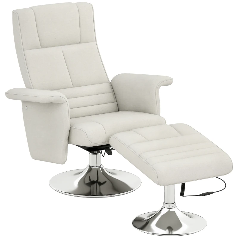 HOMCOM Fauteuil relax massant avec pouf, fauteuil TV avec dossier inclinable siège pivotant à 360° 78 x 95 x 88 cm crème