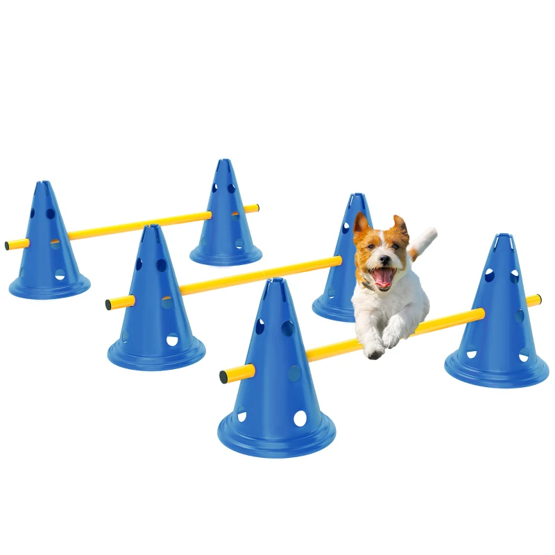 PawHut Dog Agility Equipment Set of Six Cones, Six Poles with Carry Bag, Three-Piece Adjustable Height Jumping Obstacles, Blue