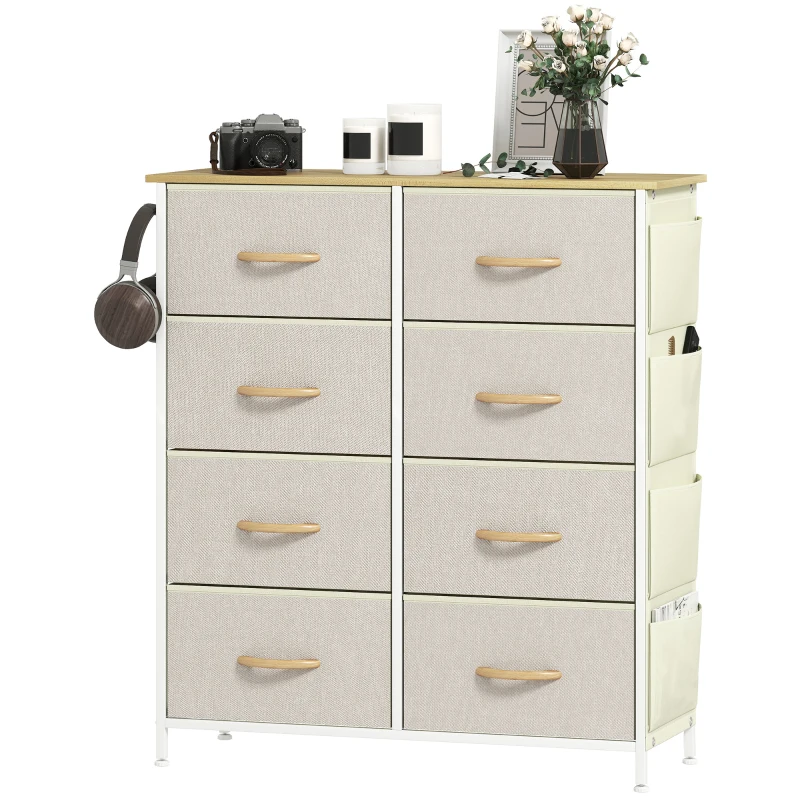 HOMCOM Schlafzimmer-Kommode mit 8 Stoffschubladen, Stahlstreben, Holzoberfläche, 4 Aufbewahrungstaschen, 2 Haken, Beige