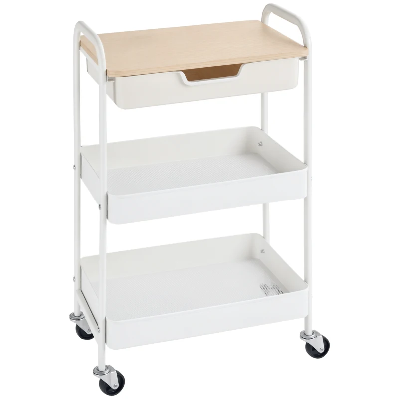 HOMCOM Desserte de cuisine chariot de service 2 étagères tiroir plateau aspect bois clair acier PP blanc