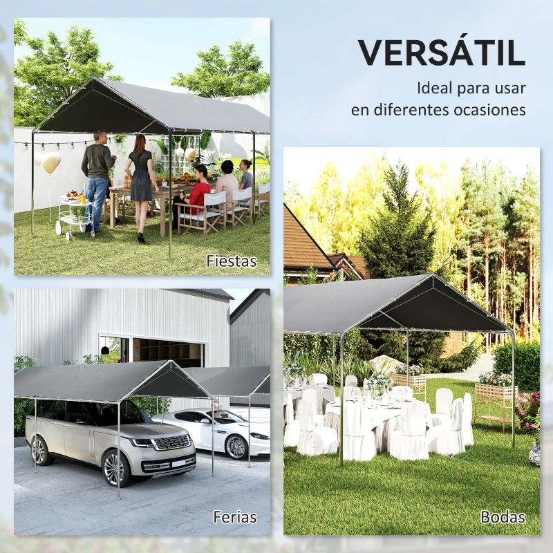 Outsunny Carpa Garaje para Coche 3x6 m Cochera Portátil Impermeable con Toldo de Tela PE y Marco de Acero Galvanizado Gris