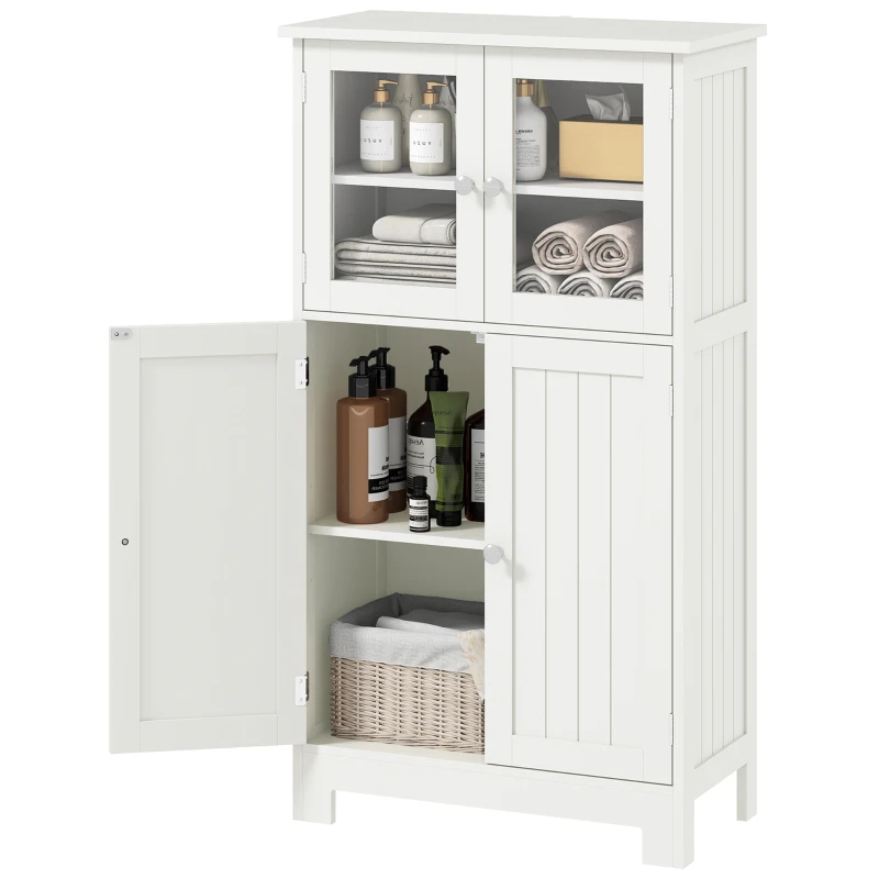 kleankin Meuble de salle de bain avec étagère réglable et portes en verre trempé, 60 x 30 x 108,5 cm, blanc