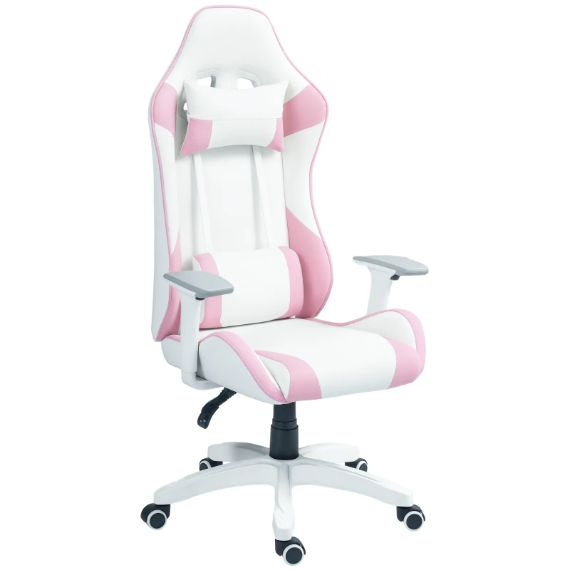 HOMCOM Cadeira Gaming Reclinável com Almofada Lombar Apoio de Cabeça Basculante e Altura Ajustável 67x60x120-128 cm Branco e Rosa