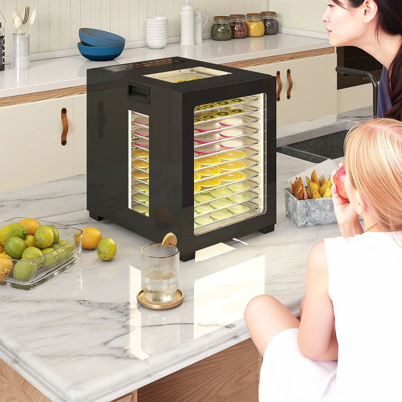 HOMCOM Dörrautomat Dörrgerät, 850 W, 40-70°C Temperaturregler, 48 Std. Timer, 12 Einlegefächer Edelstahl Schwarz(m-9)