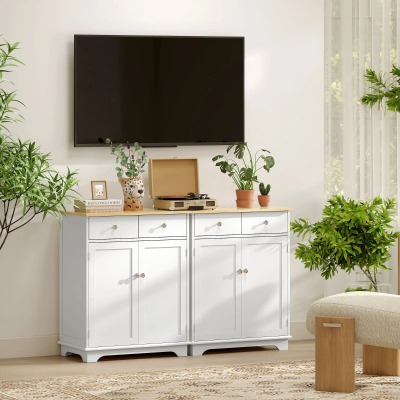 HOMCOM Credenza Bassa con Armadietto 2 Ante, Ripiani Regolabili e 2 Cassetti, Bianco e Legno