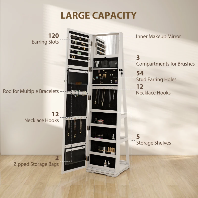 HOMCOM 360° Swivel Jewellery Cabinet, Free Standing Full Length Mirror with Storage, Lockable Jewellery Organiser with Built-in Makeup Mirror and Storage Shelves for Bedroom, White