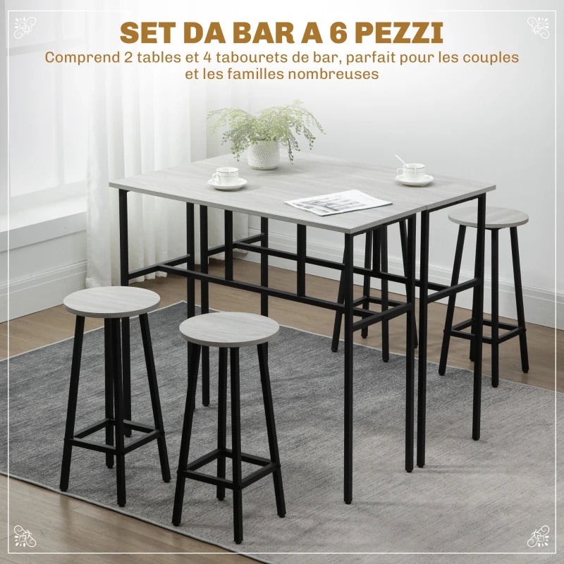 HOMCOM Set da Bar 6 Pezzi con 4 Sgabelli da Bar e 2 Tavoli Alti in Legno Truciolato e Acciaio per Cucina e Soggiorno, Grigio