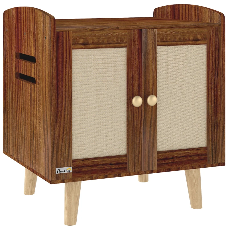PawHut Mueble Arenero para Gatos Mesa Auxiliar con Puertas con Esteras de Sisal para Salón Dormitorio 55x43x59,6 cm Marrón