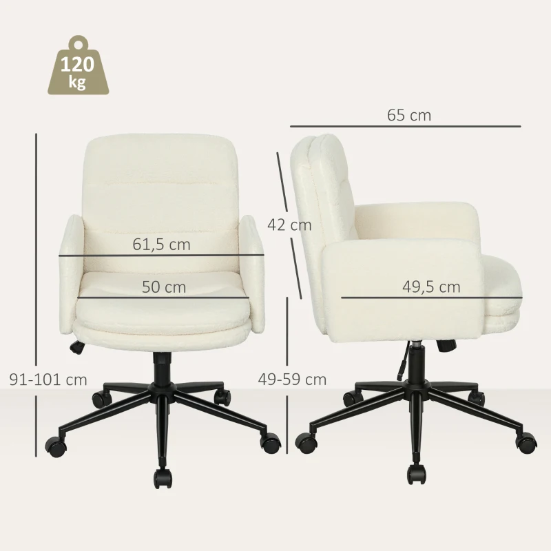 HOMCOM Draaibare Bureaustoel met Stoffen Bekleding, Armleuningen, 5 Wielen, Creme wit(m-3)