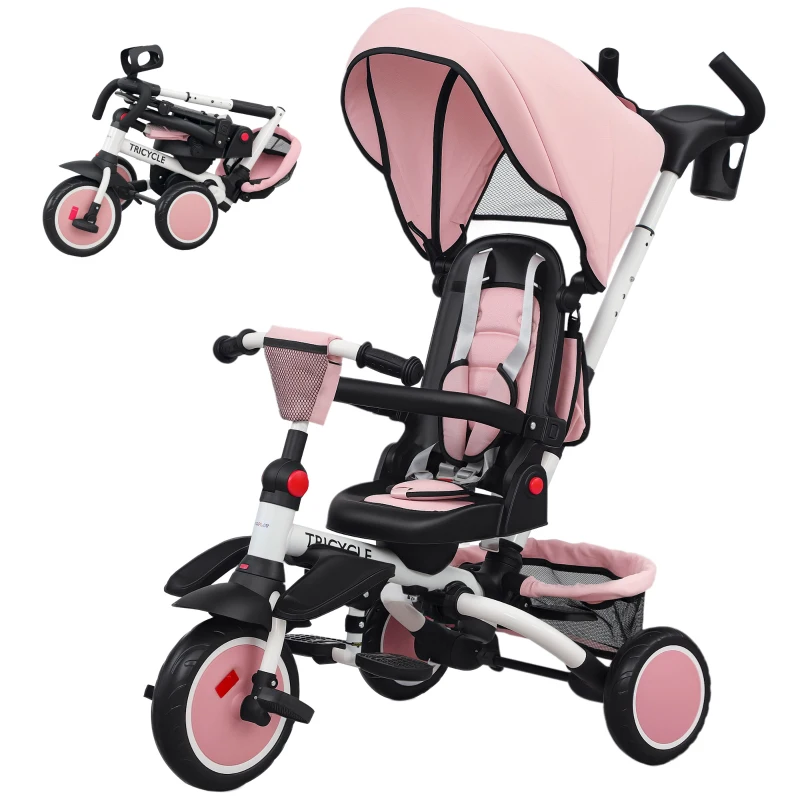 AIYAPLAY Tricycle bébé évolutif 6 en 1, tricycle enfant pliable avec poignée parentale réglable, siège pivotant 360°, rose