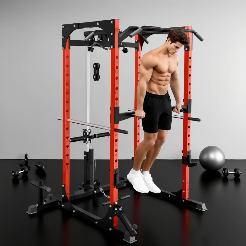 SPORTNOW Stazione Fitness con Supporto per Bilanciere e Barra per Trazioni e Dip, in Acciaio, 191x153x205 cm, Rosso e Nero