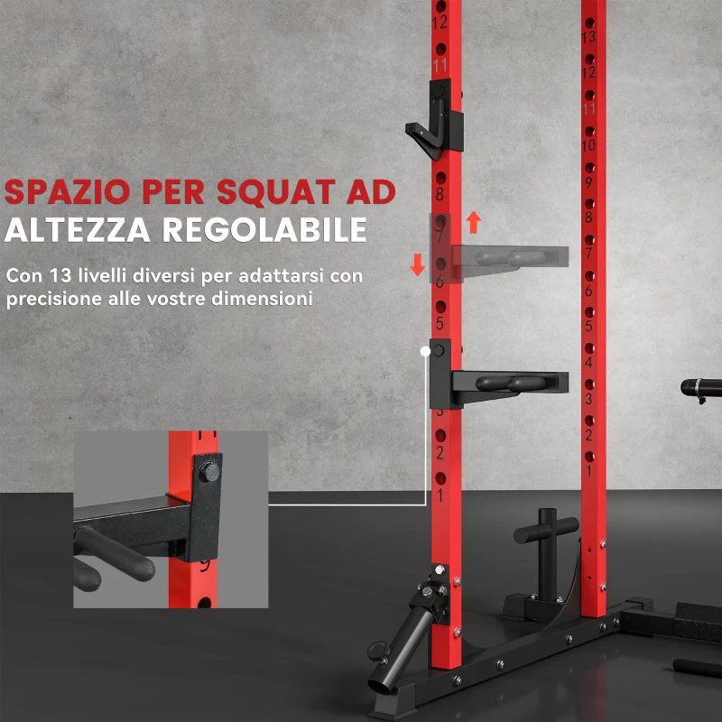 SPORTNOW Stazione Fitness con Supporto per Bilanciere e Barra per Trazioni e Dip, in Acciaio, 191x153x205 cm, Rosso e Nero