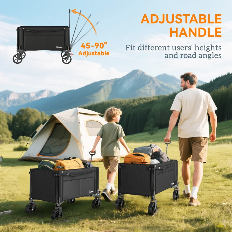 Outsunny Festival Trolley on Wheels, 150L Folding Camping Trolley Cart with Openable Sides, Adjustable Handle and Brakes for Shopping Beach Garden Fishing, Black