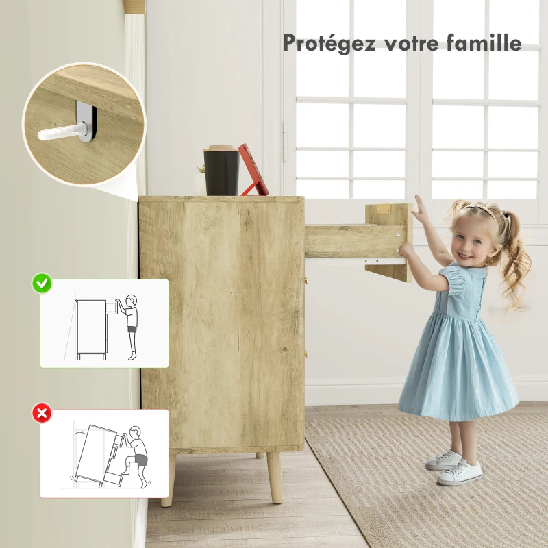 HOMCOM Commode 6 tiroirs scandinave avec poignées et pieds de pin, pour chambre à coucher, salon, couloir, 120x40x76cm, chêne