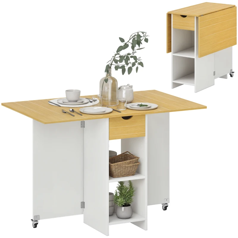 HOMCOM Tavolo da Pranzo Pieghevole per 2-4 Persone con 2 Ribalte, Cassetto e Ripiani, Quercia