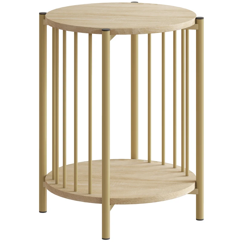HOMCOM Mesa Auxiliar Redonda de 2 Niveles con Estante de Almacenaje y Marco de Acero para Salón Dormitorio Ø41x49 cm Natural