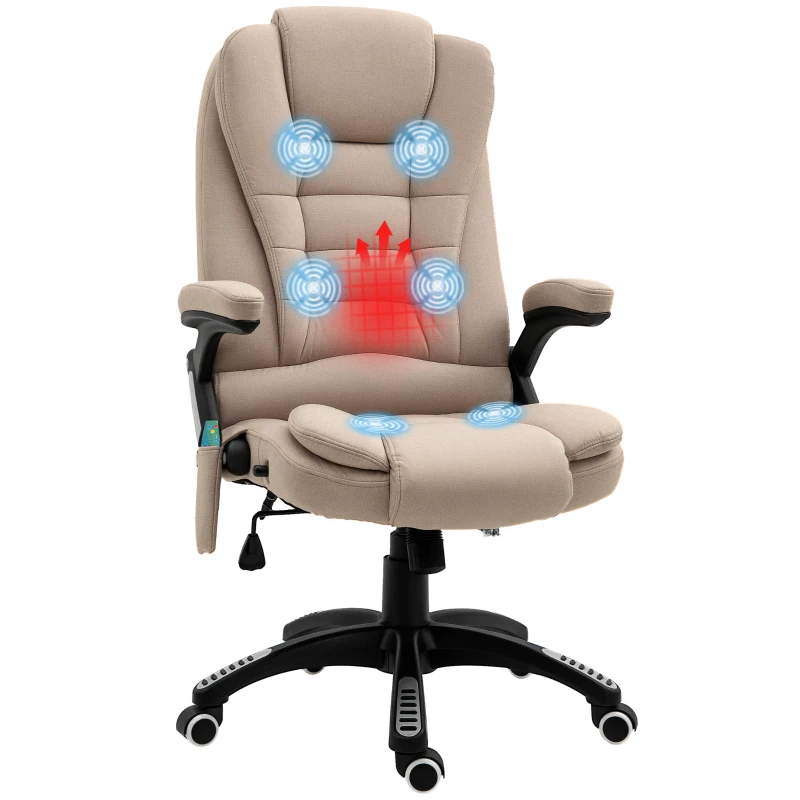 Vinsetto Fauteuil de bureau massant et chauffant, chaise de bureau, chaise ergonomique avec hauteur réglable, dossier inclinable et télécommande filaire, pivotant à 360° tissu en polyester beige
