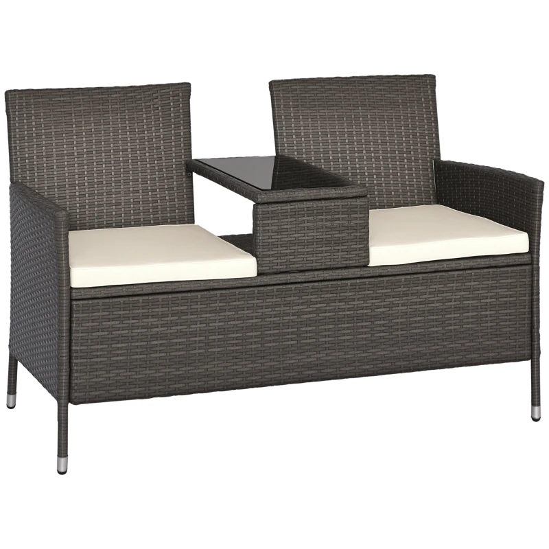 Outsunny Banc de jardin design contemporain 133L x 63l x 84H cm banc double chaise avec coussins assise + tablette intégrée résine tressée grise polyester crème
