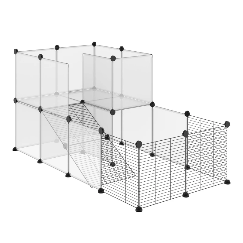 PawHut Parque para Mascotas con 27 Paneles y Forma Personalizable para Cobayas Conejos Chinchillas 140x70x70 cm Transparente