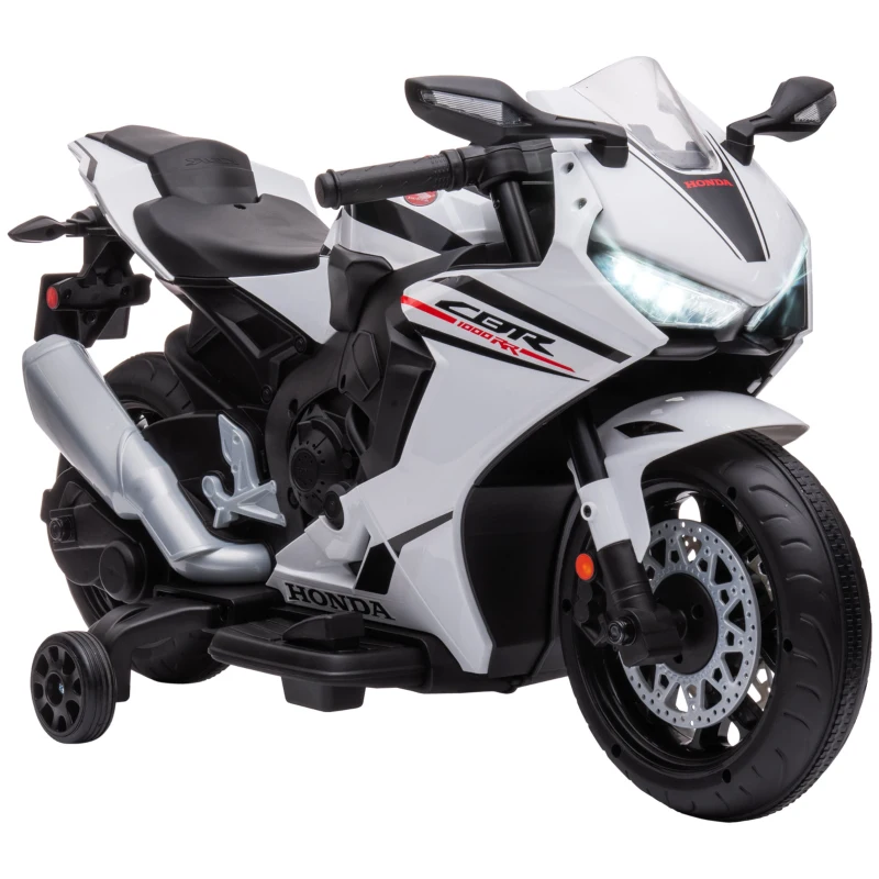 HOMCOM Moto Eléctrica con Licencia HONDA para 3-5 Años con Faros Bocina Música y Ruedas Auxiliares 90x44x52 cm Blanco