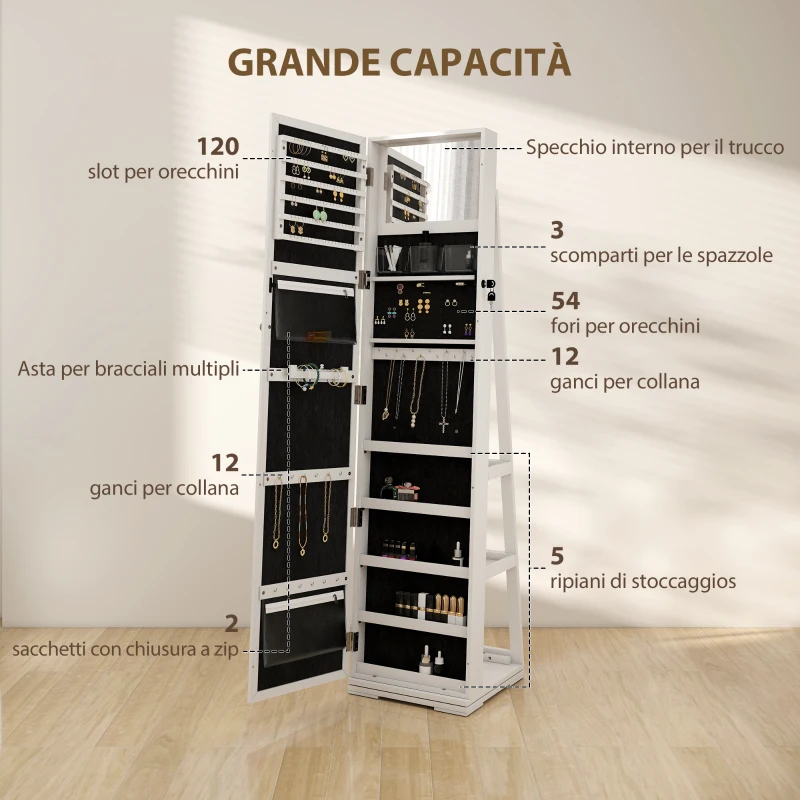 HOMCOM Specchio Portagioie Girevole per Camera da Letto con 2 Chiavi, in Legno Bianco e Vetro, 38x38x160 cm