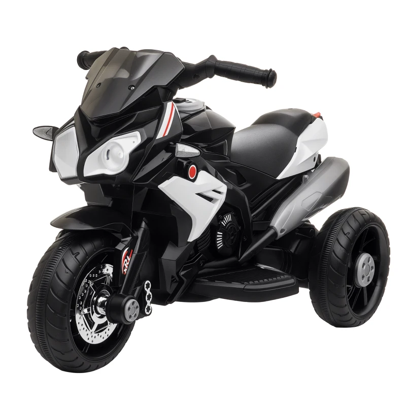 HOMCOM Moto Eléctrica Infantil con 3 Ruedas Trimoto para Niños de +3 Años con Batería 6V Recargable Funciones de Música Bocina Faros 86x42x52 cm Negro y Blanco