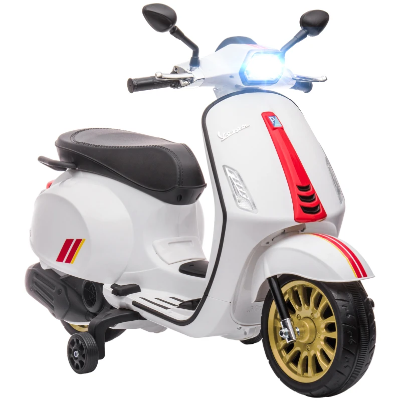 AIYAPLAY Moto Eléctrica para Niños de +3 Años con Licencia Vespa con USB MP3 Luz LED Radio FM Velocidad 3 km/h Carga 35kg Blanco