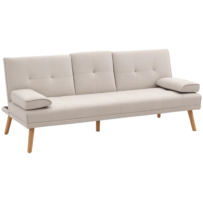 HOMCOM Divano Letto 3 Posti Reclinabile con Rivestimento Effetto Lino e Tavolino a Ribalta, Beige