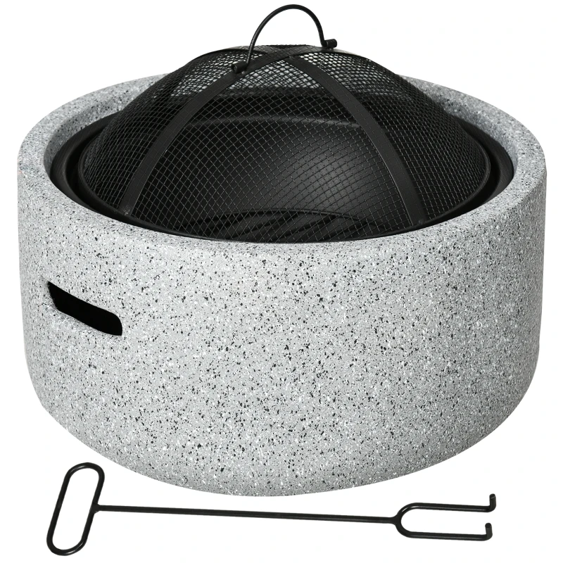 Outsunny Brasero cheminée foyer extérieur rond à bois en métal tisonnier pare-étincelle grille et poignée diamètre 45 cm gris