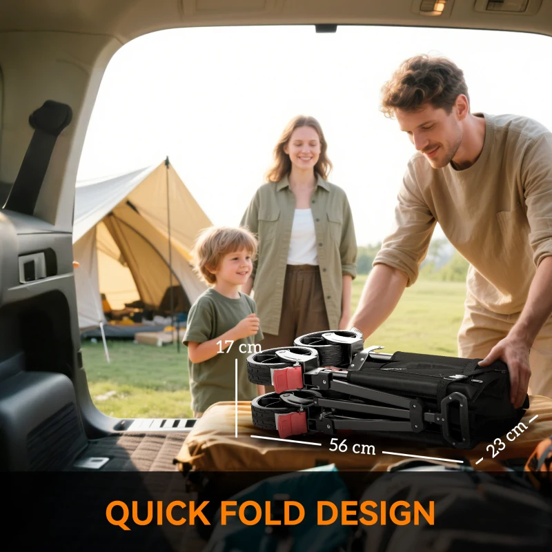 Outsunny Festival Trolley on Wheels, 150L Folding Camping Trolley Cart with Openable Sides, Adjustable Handle and Brakes for Shopping Beach Garden Fishing, Black