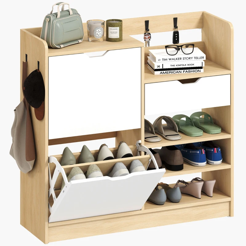 HOMCOM Range-chaussures pour Hall d'entrée, Meuble à Chaussures avec Tiroirs Pliants, Étagères Ouvertes, 4 Crochets, pour jusqu'à 14 Paires de Chaussures, Blanc