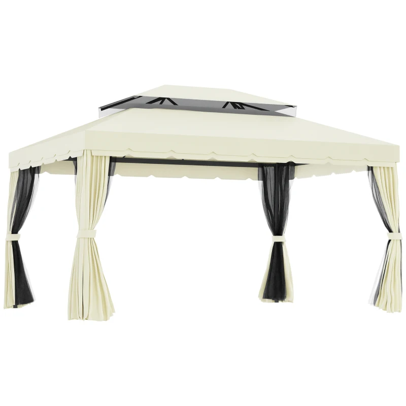 Outsunny Gazebo da Giardino 4x3m con Zanzariera, Tende e Doppio Tetto in Alluminio e Poliestere, Crema