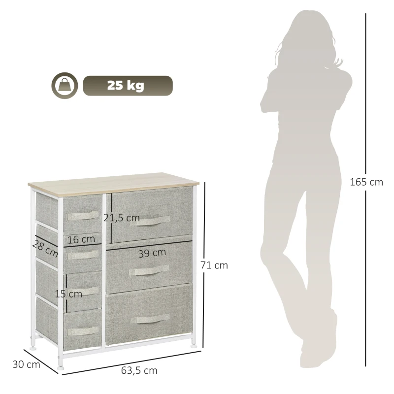 HOMCOM Commode 7 tiroirs en tissu, chiffonnier, meuble de rangement moderne, cadre en acier, 63,5 x 30 x 71 cm, gris