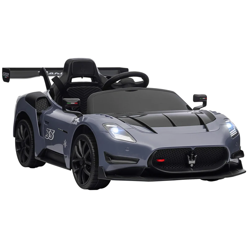 AIYAPLAY Coche Eléctrico para Niños de +3 Años Maserati GT2 con Mando a Distancia Faros LED Bocina Música Ruedas Auxiliares Gris