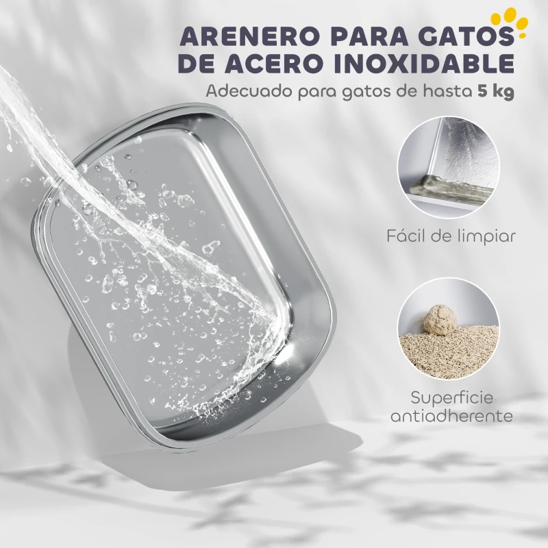 PawHut Arenero para Gatos de Acero Inoxidable con Cubierto Bolsa Desodorizante Pala Fácil de Limpiar 52,4x41,3x39,9 cm Gris