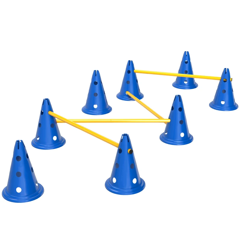 PawHut Dog Agility Equipment Set of Eight Cones, Eight Poles w/ Carry Bag, Four-Piece Adjustable Height Jumping Obstacles Blue