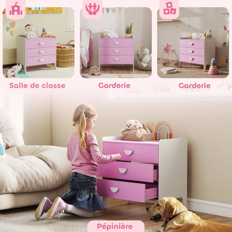AIYAPLAY Commode pour enfants, commode rangement 3 tiroirs pour chambre d'enfant, crèche, salle de jeux, 60 x 40 x 60 cm, rose