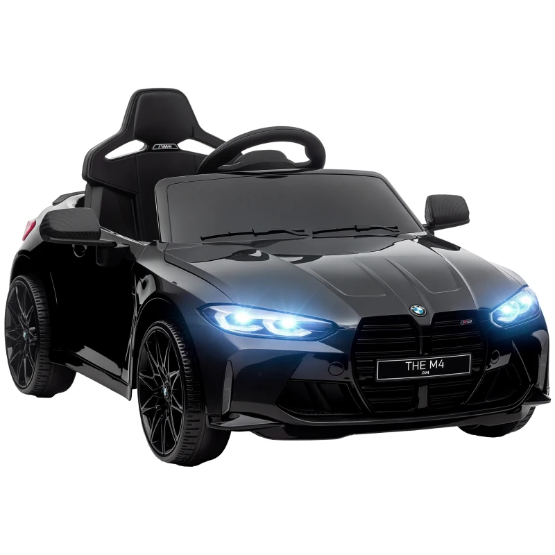 AIYAPLAY Coche de Batería para Niños 12V BMW M4 con Mando a Distancia Faros Bocina Música Velocidad 3-5 km/h Negro