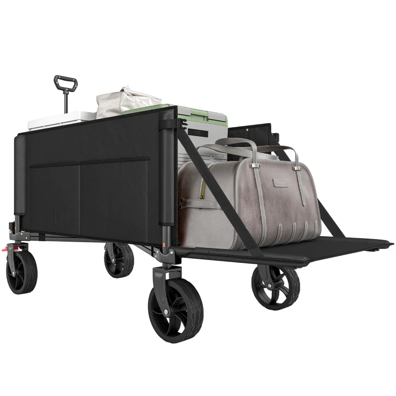 Outsunny Festival Trolley on Wheels, 150L Folding Camping Trolley Cart with Openable Sides, Adjustable Handle and Brakes for Shopping Beach Garden Fishing, Black