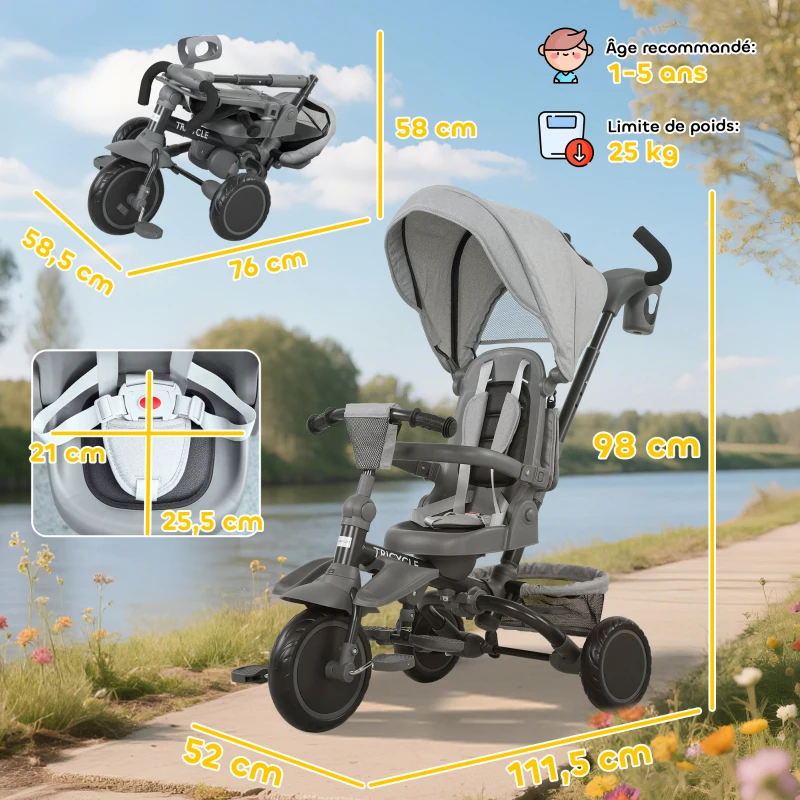 AIYAPLAY Tricycle bébé évolutif 6 en 1, tricycle enfant pliable avec poignée parentale réglable, siège pivotant 360°, gris