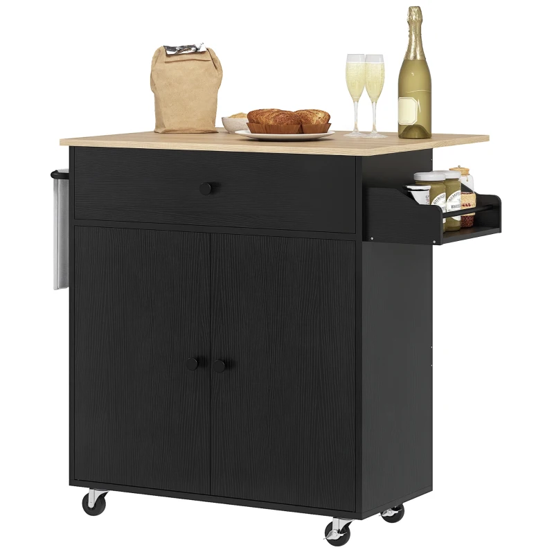 HOMCOM Isla de Cocina con Ala Abatible 2 Puertas Cajón Especiero Toallero y Estante Ajustable 106x42x87 cm Negro y Roble