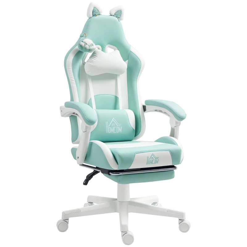 HOMCOM Sedia da Gaming Reclinabile con Poggiapiedi e Cuscini, in Finta Pelle e Spugna, 65x62x116-124 cm, Bianco e Azzurro