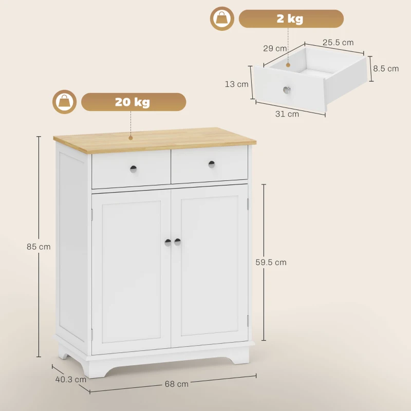 HOMCOM Credenza Bassa con Armadietto 2 Ante, Ripiani Regolabili e 2 Cassetti, Bianco e Legno