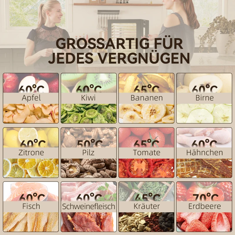 HOMCOM Dehydrator, 850 W, 40-70°C regulacja temperatury, 48 godz. timer, 12 półek ze stali nierdzewnej, czarny