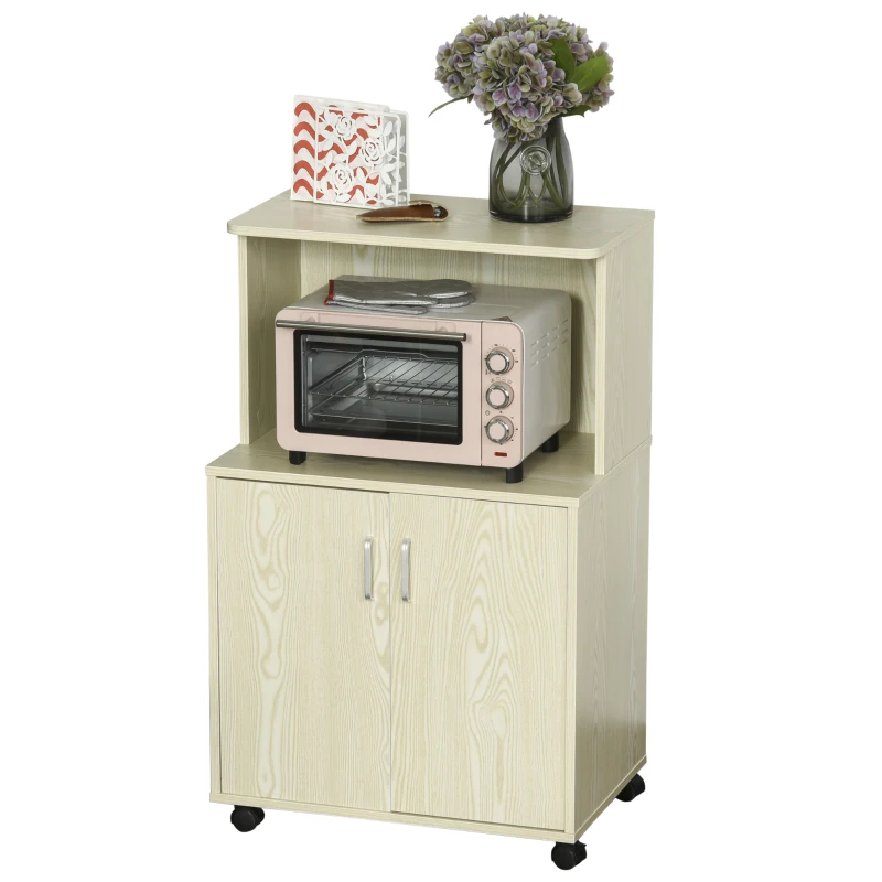 HOMCOM Kitchen Storage Unit, Modern Microwave Stand Trolley Cart, Sideboard with Cabinet,  Locking Wheels, Shelf for Living Room, Dining Room, Oak Tone