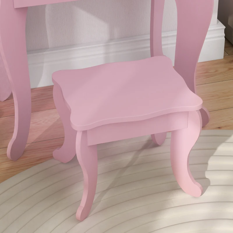 HOMCOM Kids Vanity Table and Chair Set with Tri-Folding Mirror and Stool, Makeup Dressing Table with Drawer, Pink